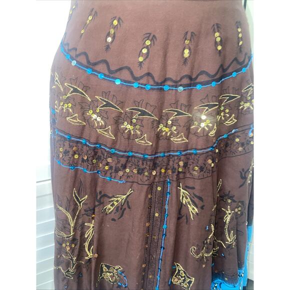 Ishyu Women's Brown Blue Gold Sequin Embroidered Midi Skirt Boho Festival 28” - Picture 3 of 10